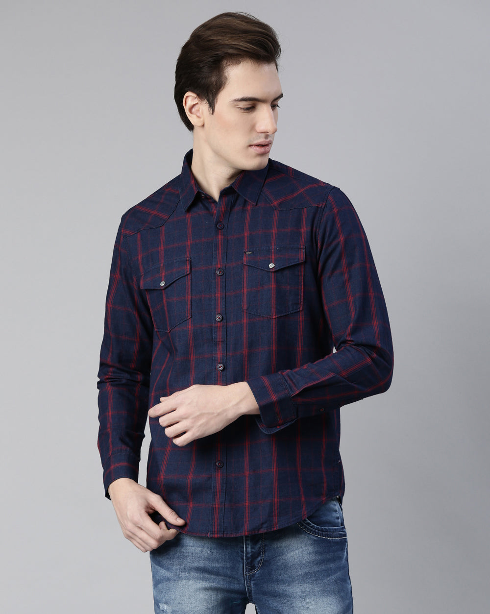 Blue Swing Denim Check Shirt For Men