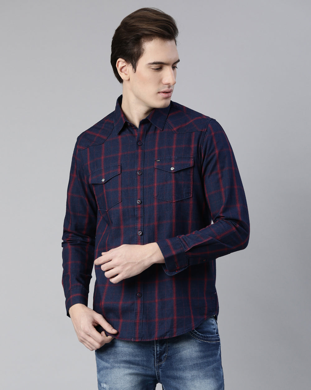 Swing Denim Blue Checkered Shirt for Men 