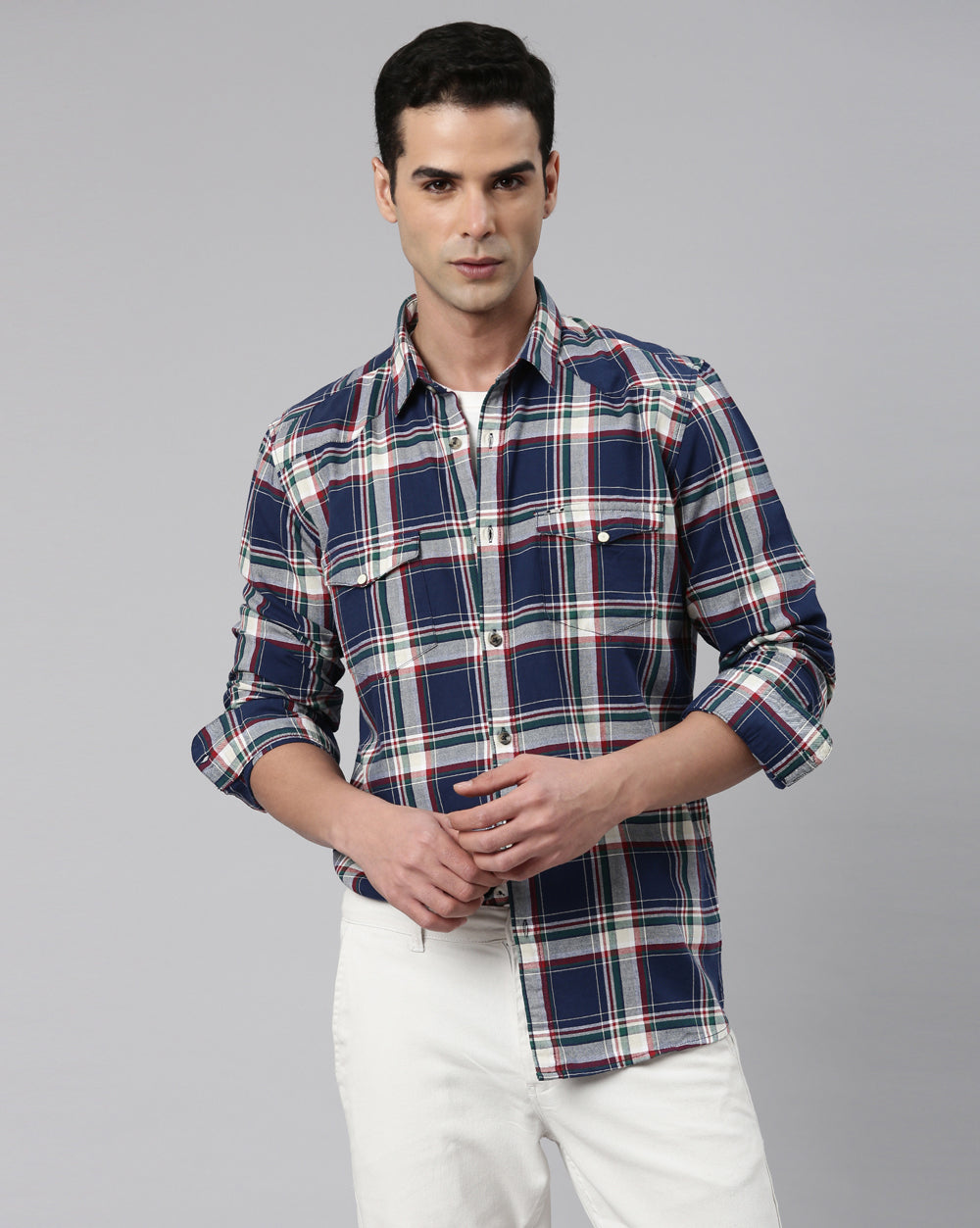 Swing Navy Blue Windowpane Shirt for Men