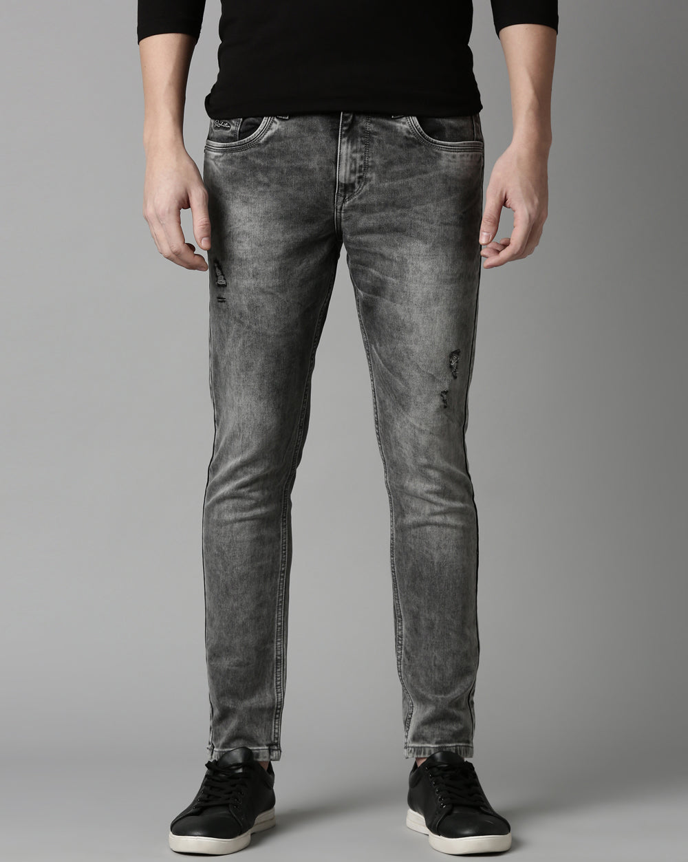 Distressed Grey Denim Ankle Fit Jeans For Men