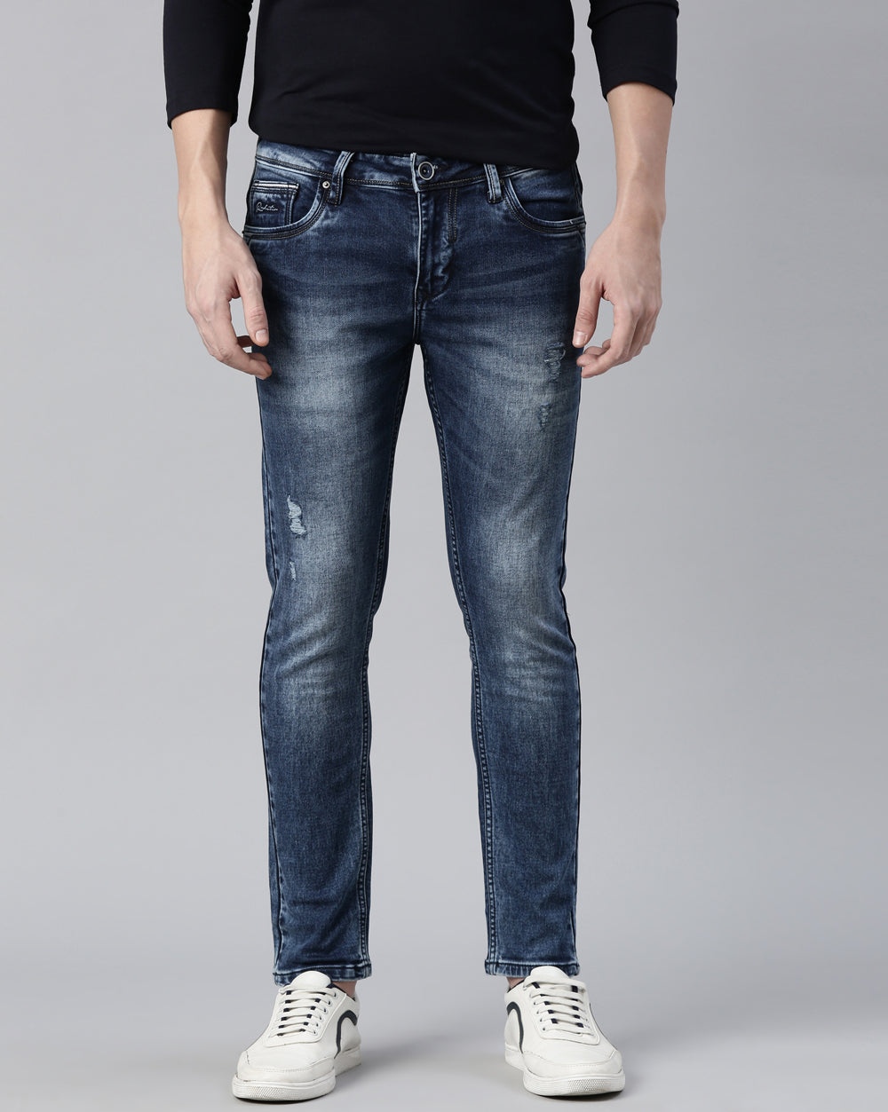 Distressed Blue Denim Ankle Fit Jeans For Men