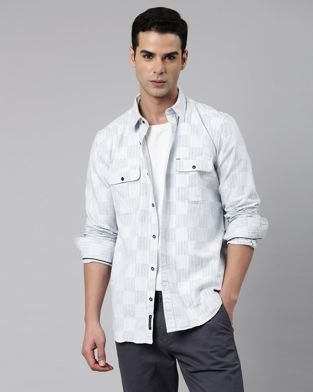 Light Grey Checkered Denim Shirt for Men 