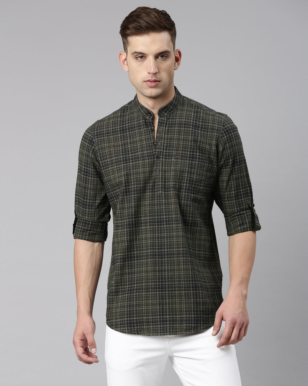 Olive Checkered Short Kurta For Men