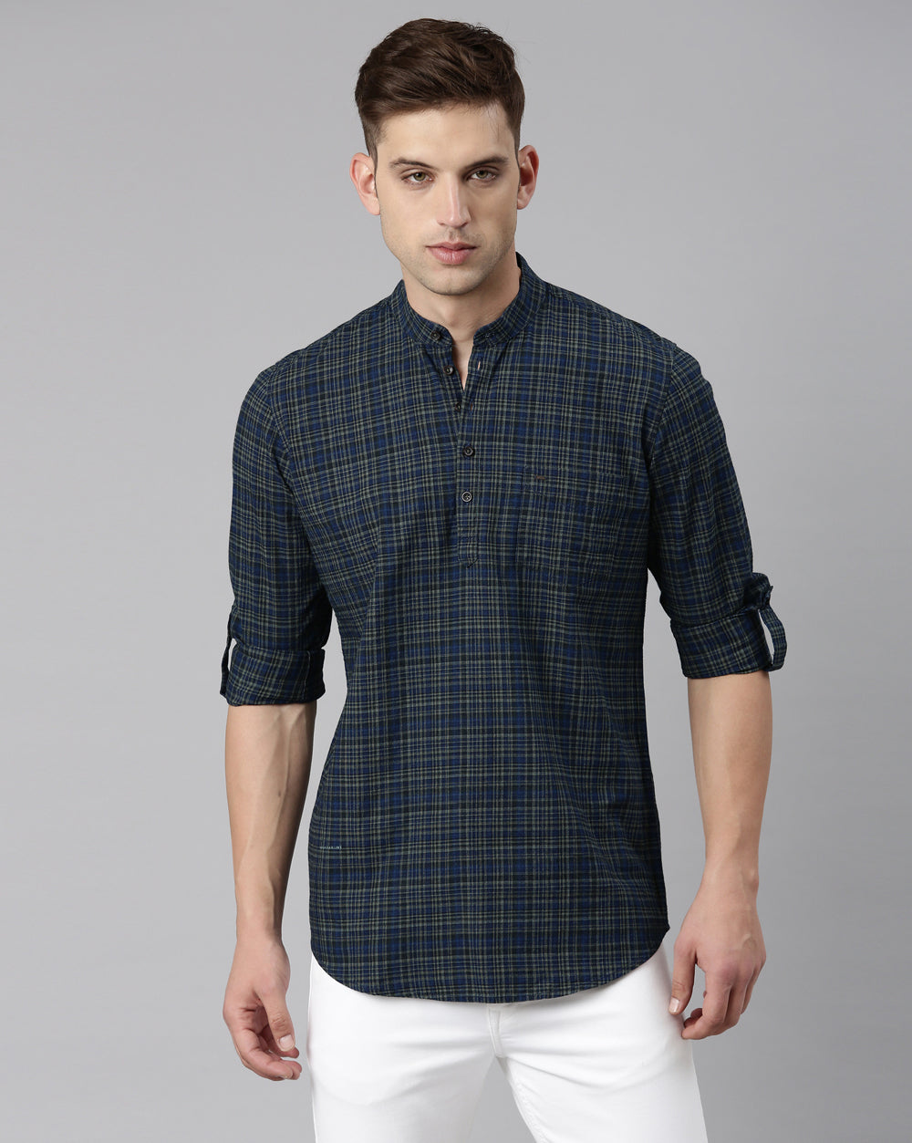 Blue Checkered Short Kurta For Men
