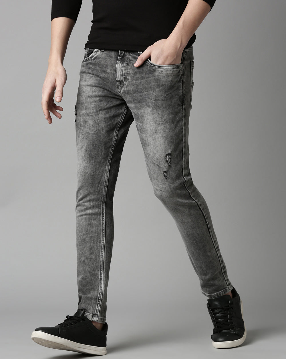 Distressed Grey Denim Ankle Fit Jeans For Men