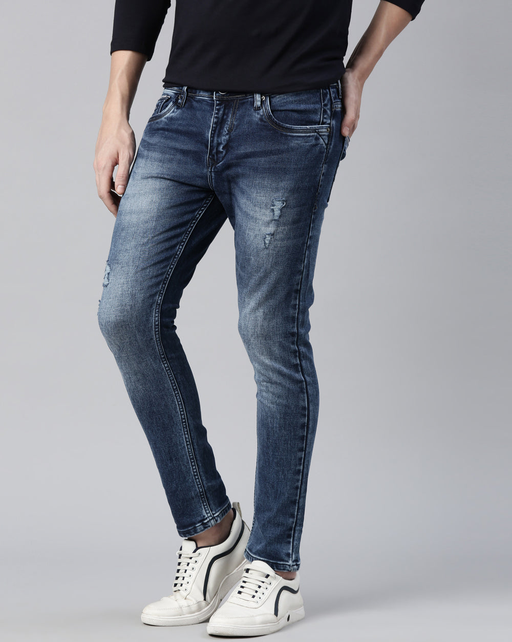 Distressed Blue Denim Ankle Fit Jeans For Men