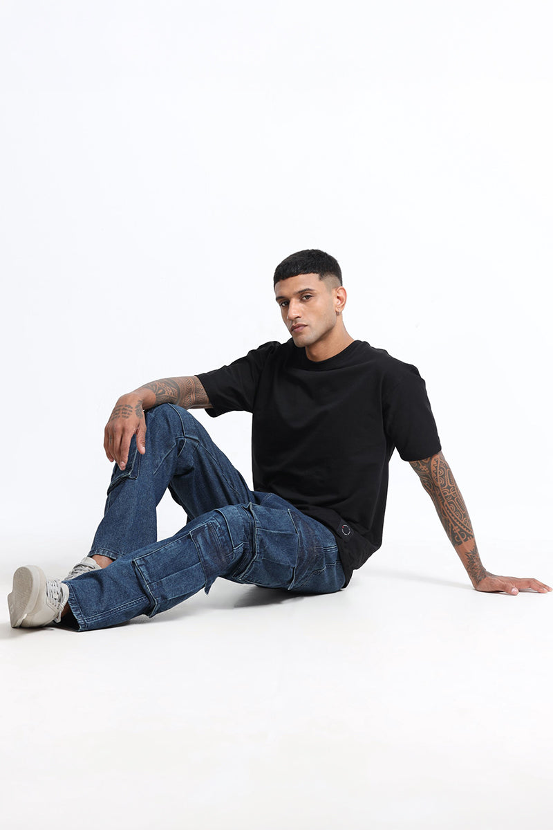 DREAM CHASER Relaxed Fit 8 Pockets Denim Cargo Jeans Dark Blue (Copy)
