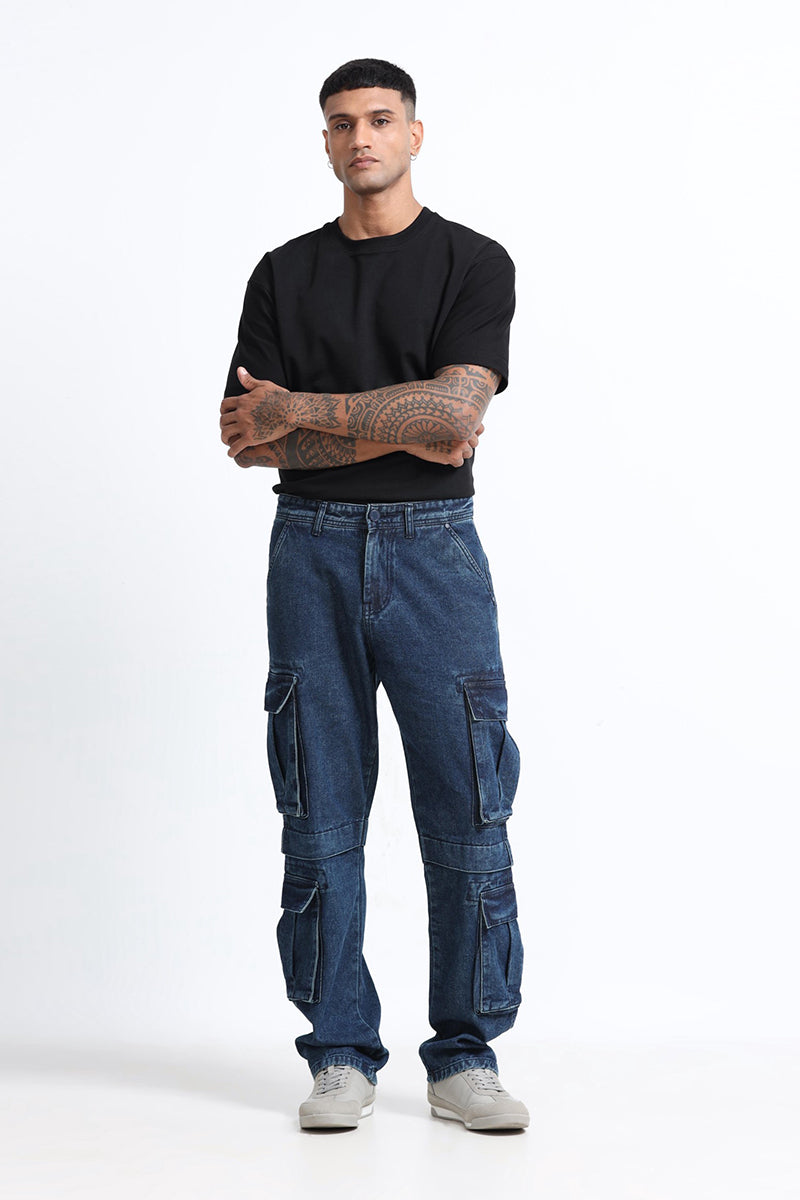DREAM CHASER Relaxed Fit 8 Pockets Denim Cargo Jeans Dark Blue (Copy)