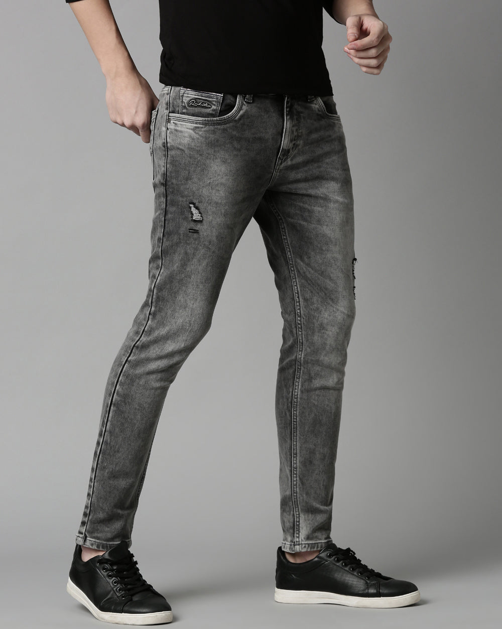 Distressed Grey Denim Ankle Fit Jeans For Men