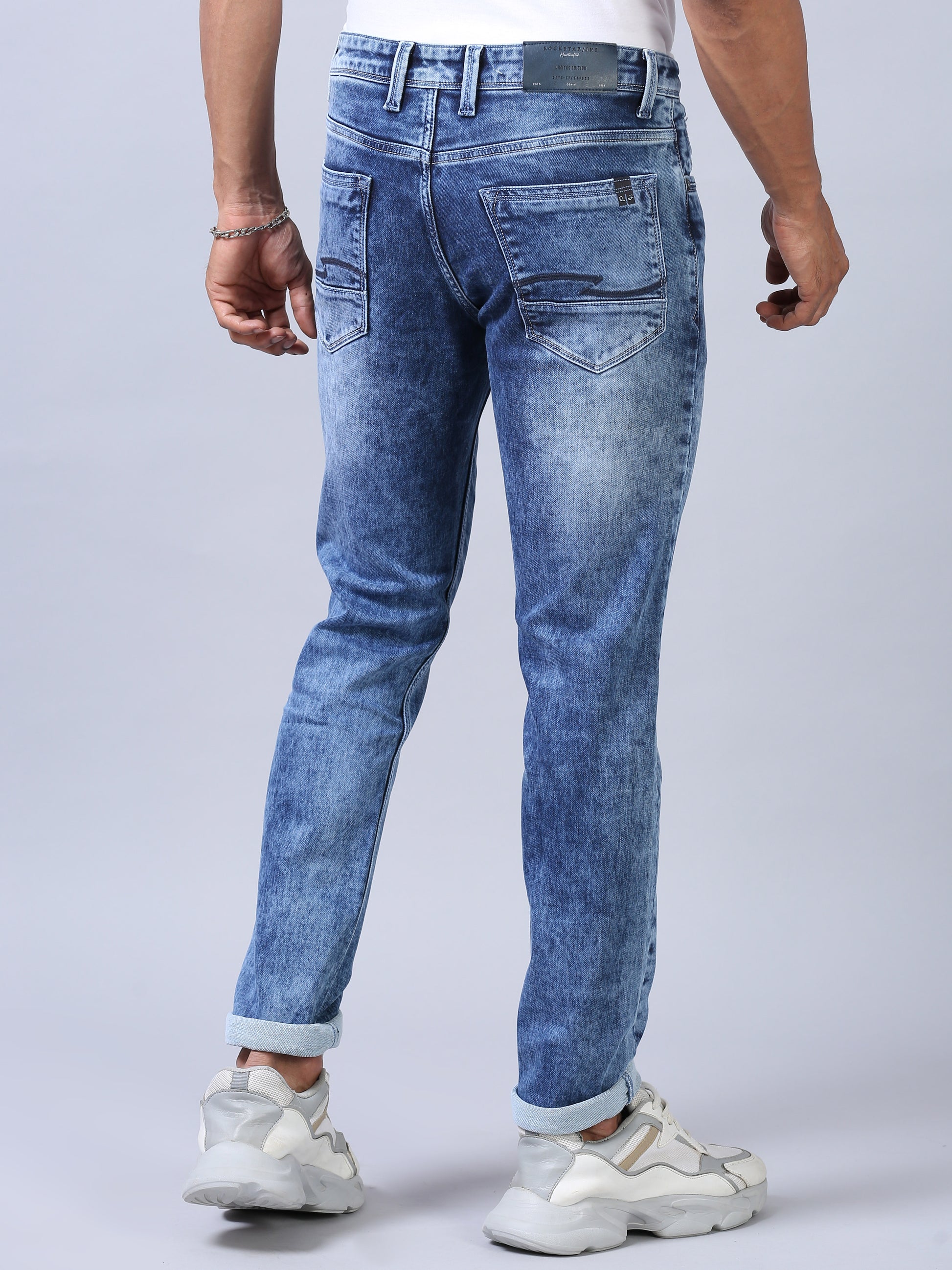 Faded Blue Denim Ankle Fit Jeans For Men