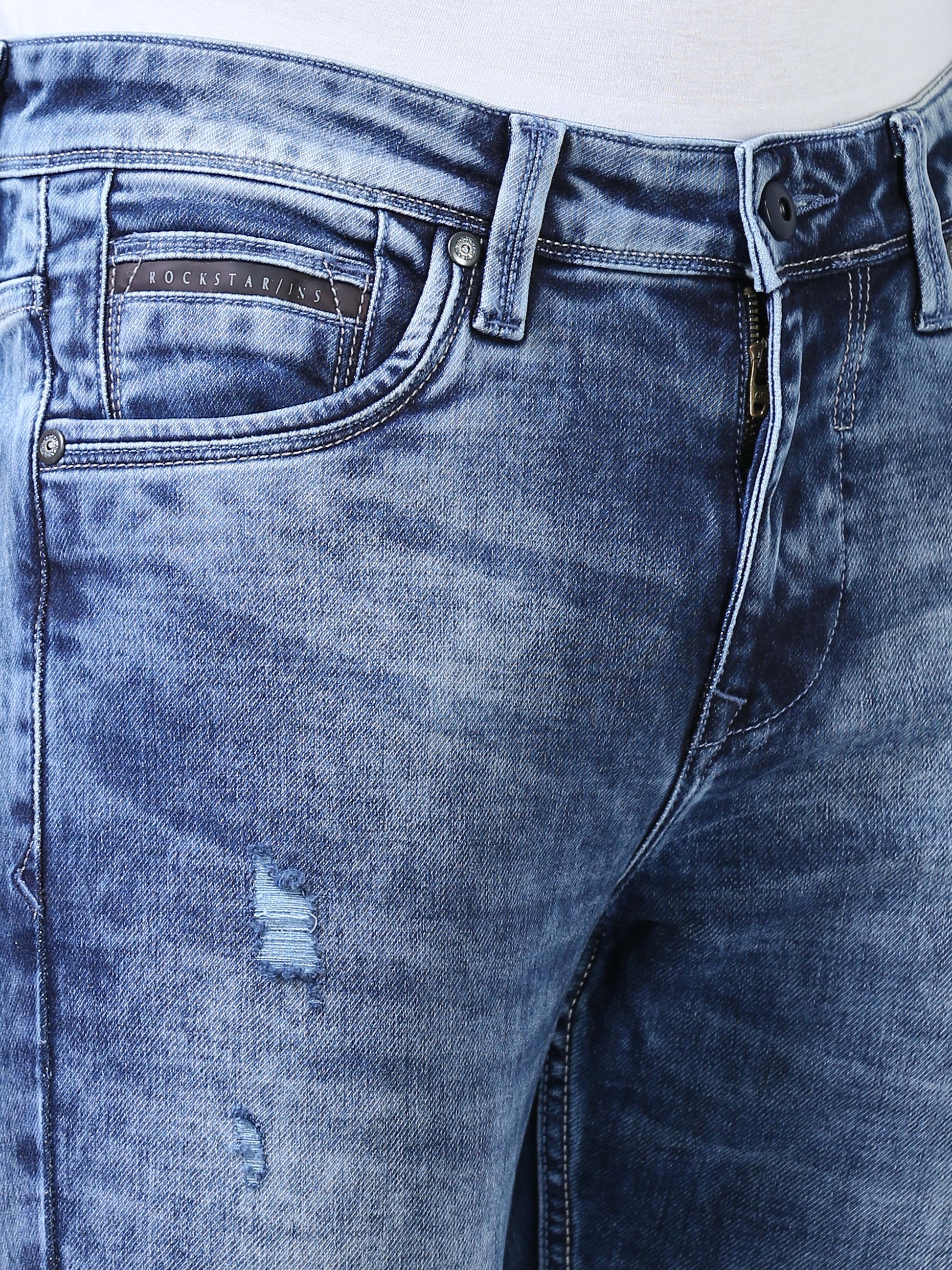 Faded Blue Denim Ankle Fit Jeans For Men