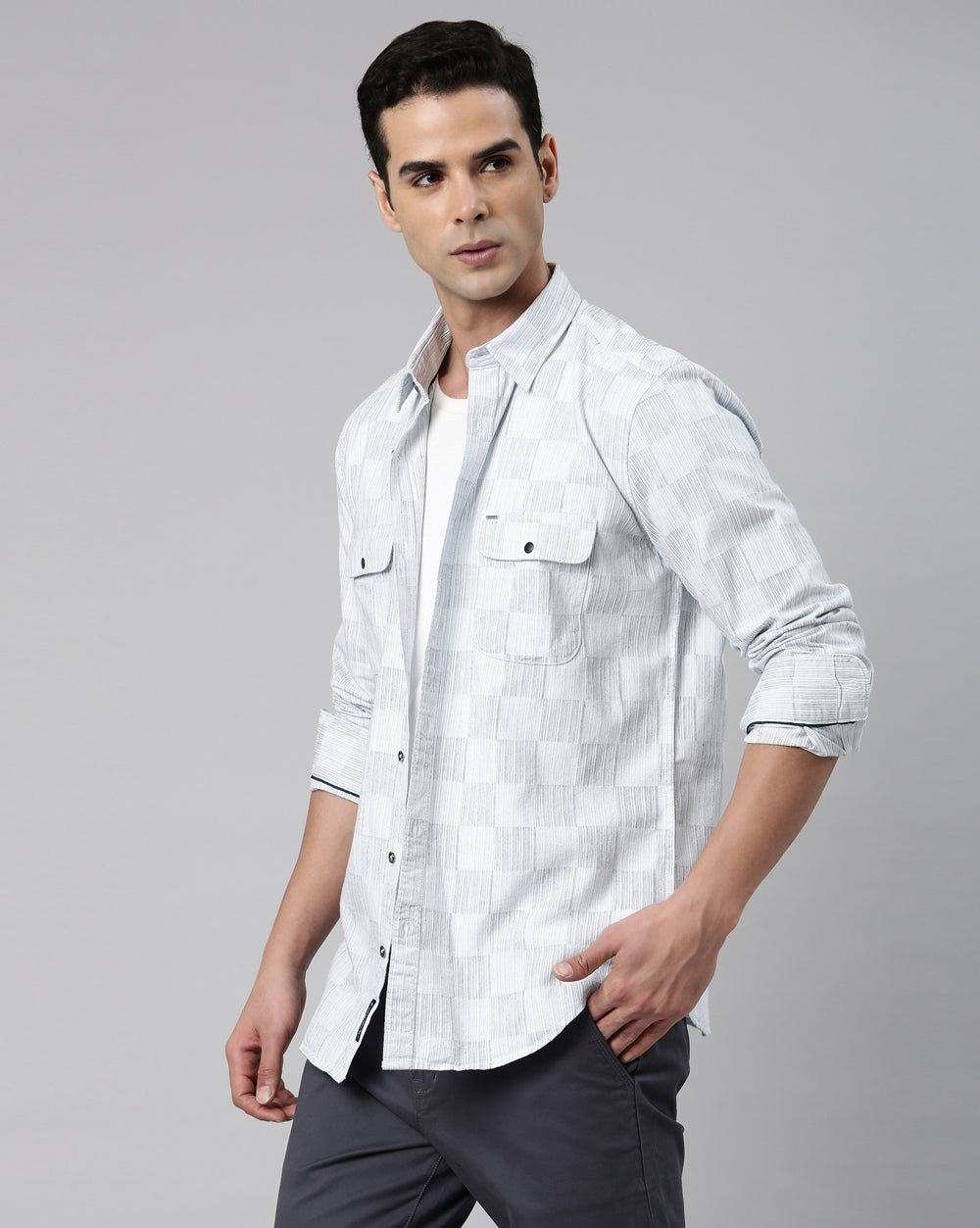 Light Grey Checkered Denim Shirt for Men 