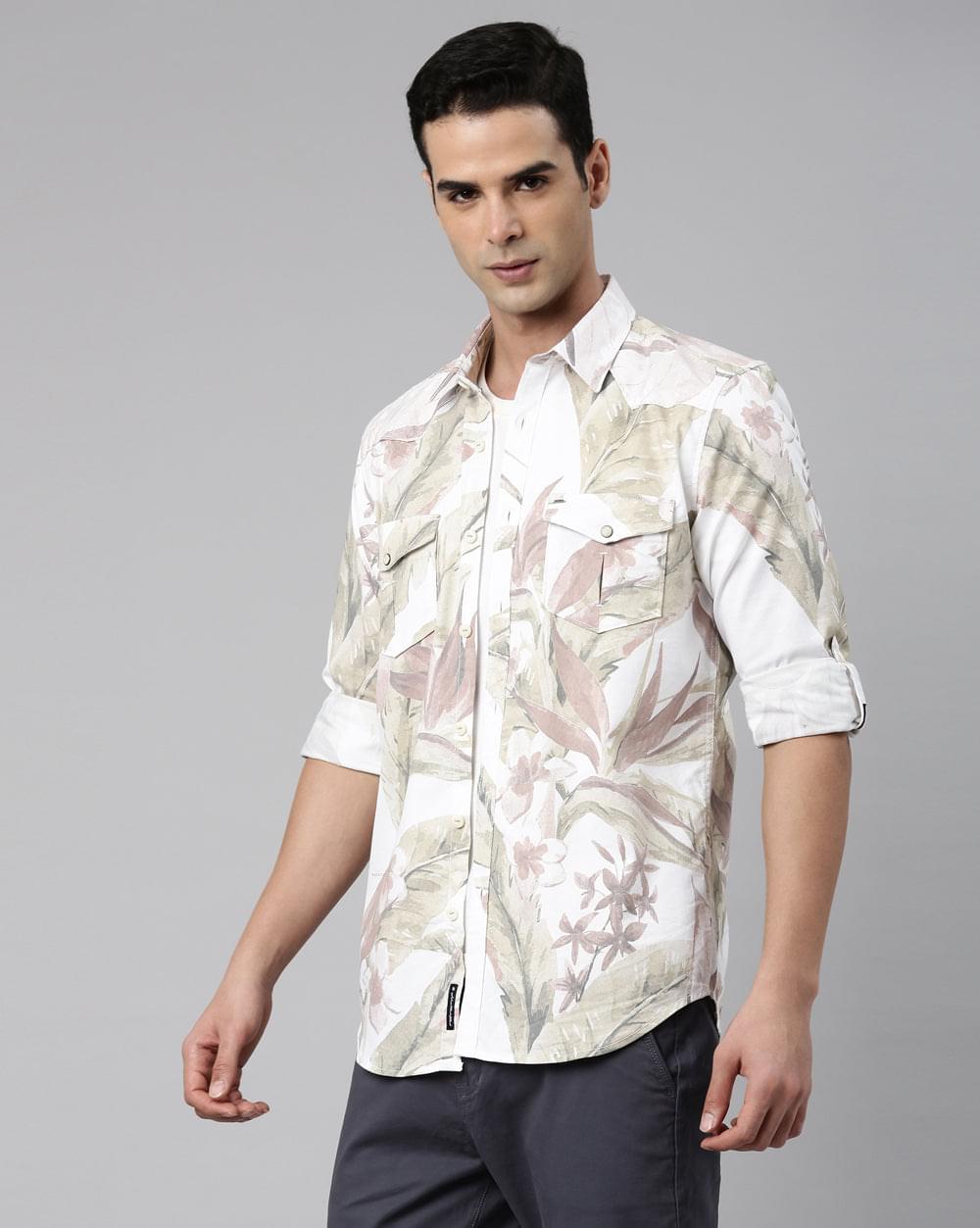 Beige & Green Printed Shirt for Men 