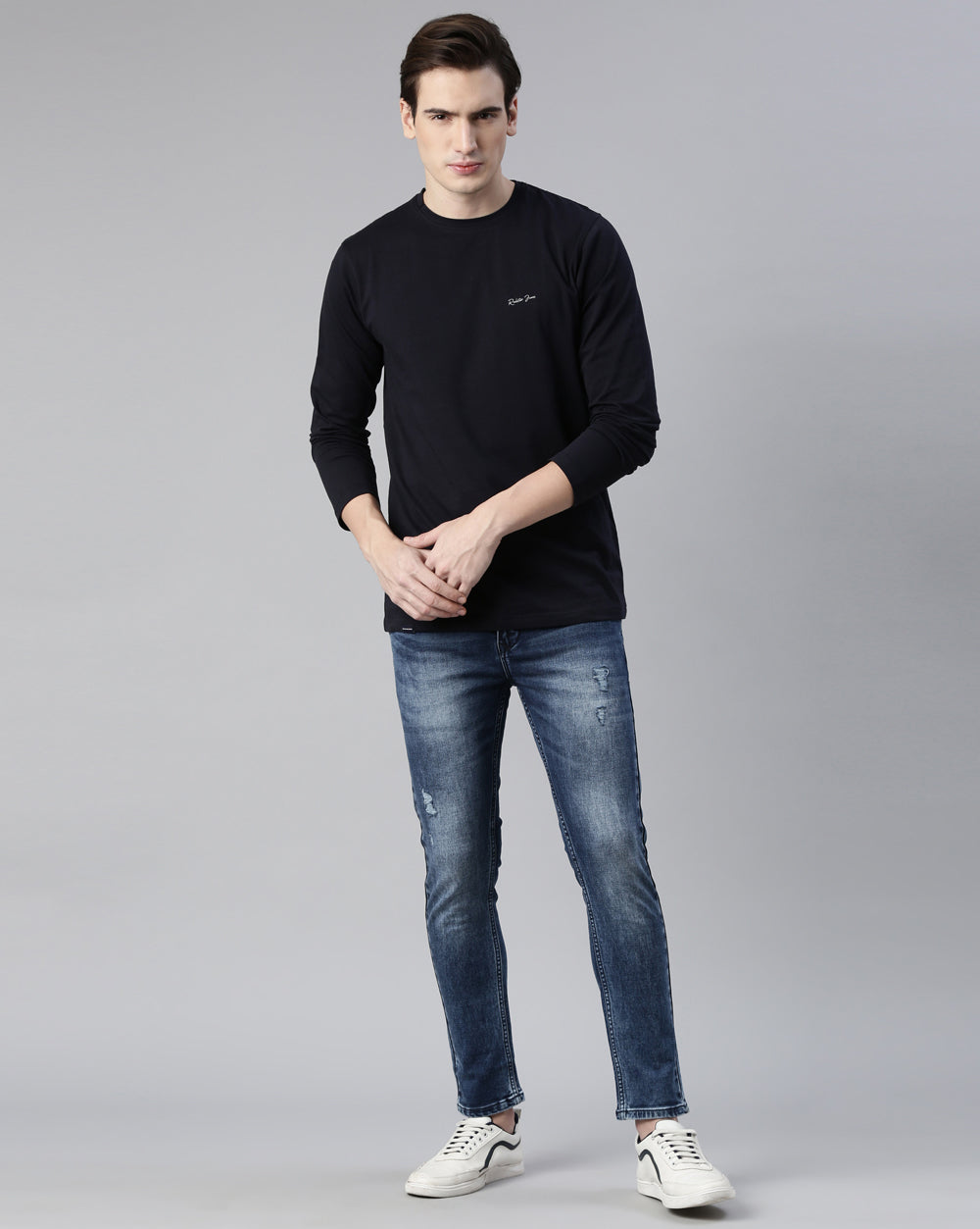 Distressed Blue Denim Ankle Fit Jeans For Men