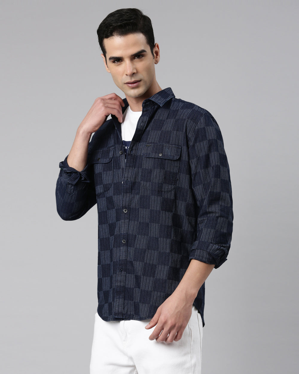 Indigo Double Pocket Checkered Shirt for Men 