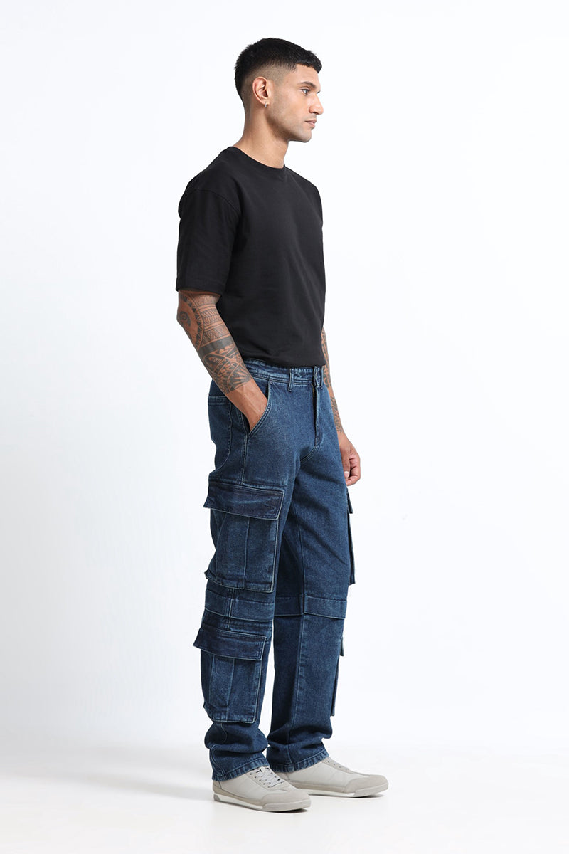 DREAM CHASER Relaxed Fit 8 Pockets Denim Cargo Jeans Dark Blue (Copy)
