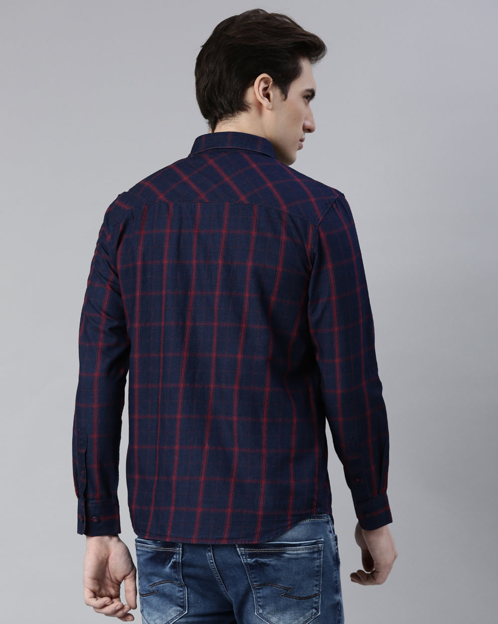 Blue Swing Denim Check Shirt For Men