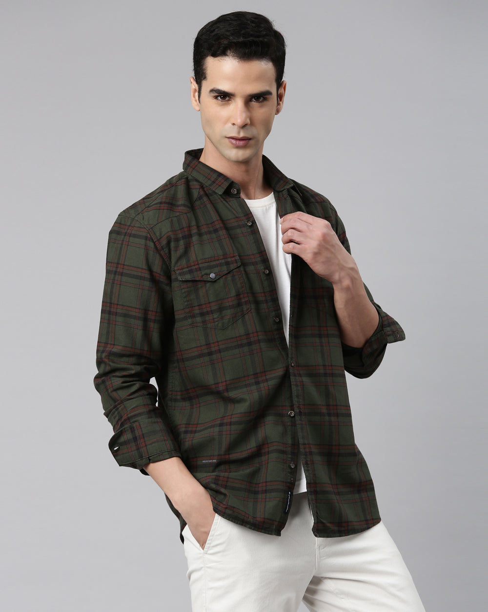 Swing Olive Plaid Shirt for Men 