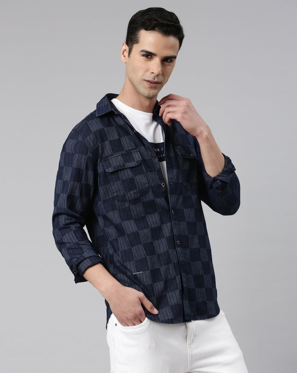 Indigo Double Pocket Checkered Shirt for Men 