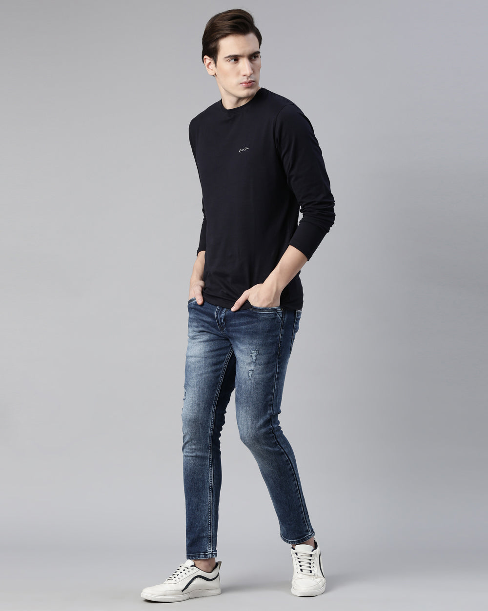 Distressed Blue Denim Ankle Fit Jeans For Men
