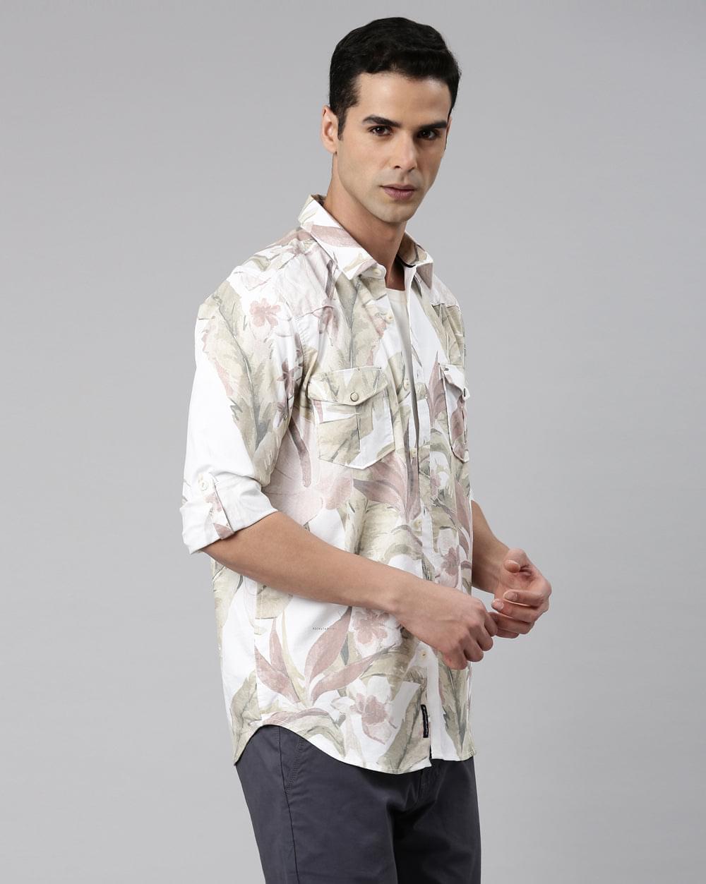 Beige & Green Printed Shirt for Men 