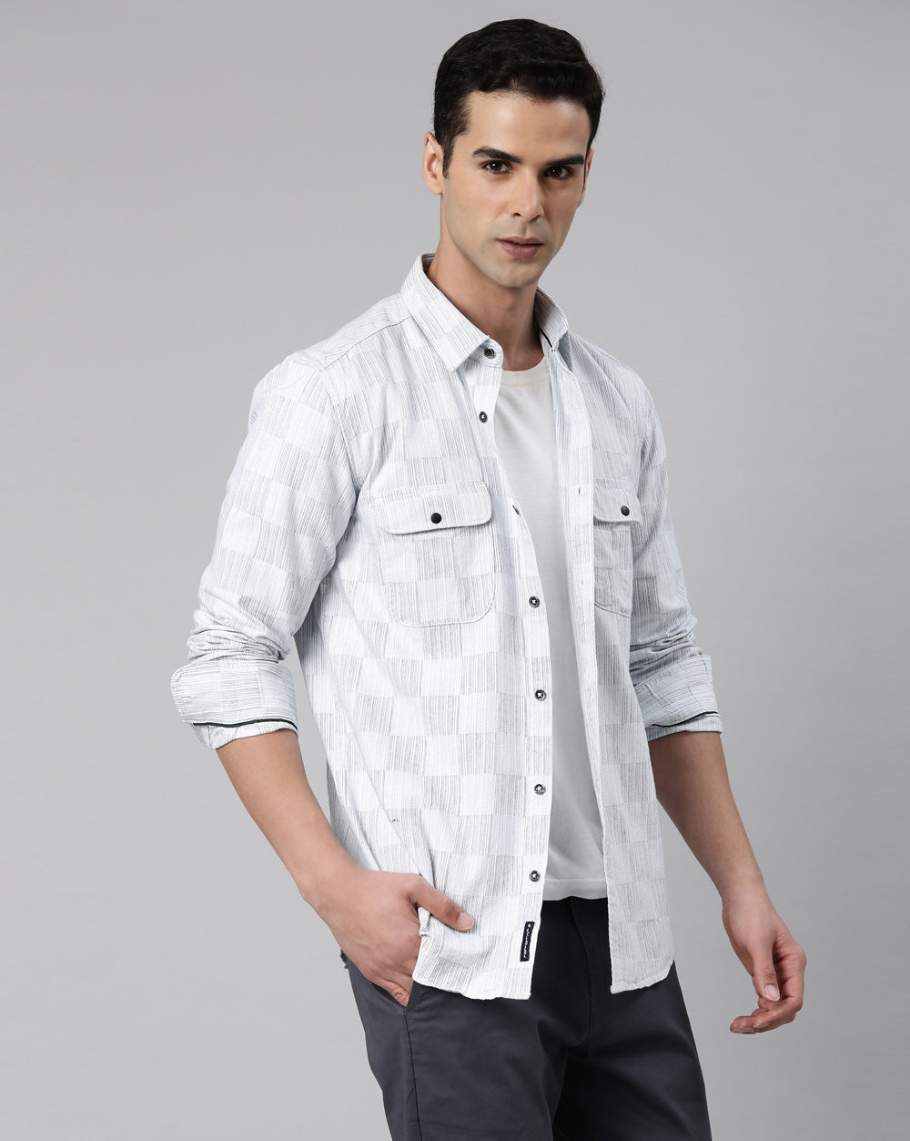Light Grey Checkered Denim Shirt for Men 