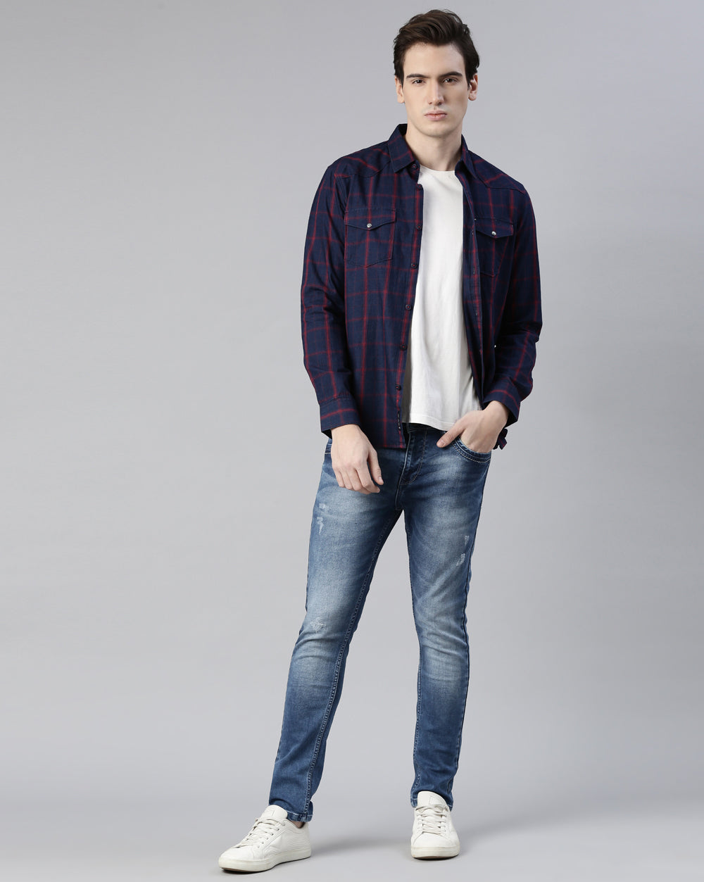 Blue Swing Denim Check Shirt For Men