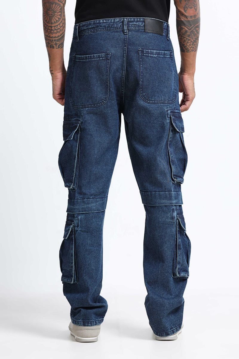 DREAM CHASER Relaxed Fit 8 Pockets Denim Cargo Jeans Dark Blue (Copy)