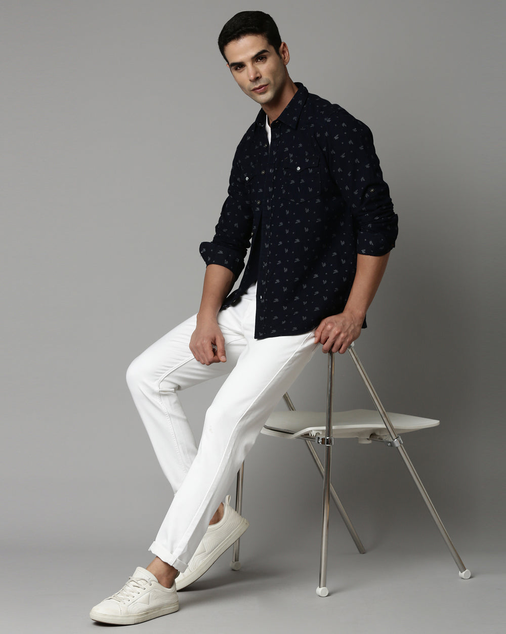 Indigo Double Pocket Denim Printed Shirt for Men 