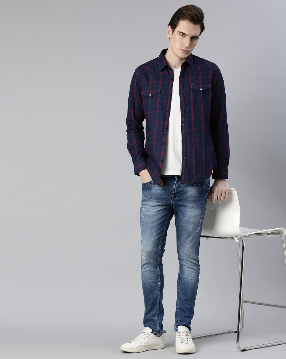 Blue Swing Denim Check Shirt For Men