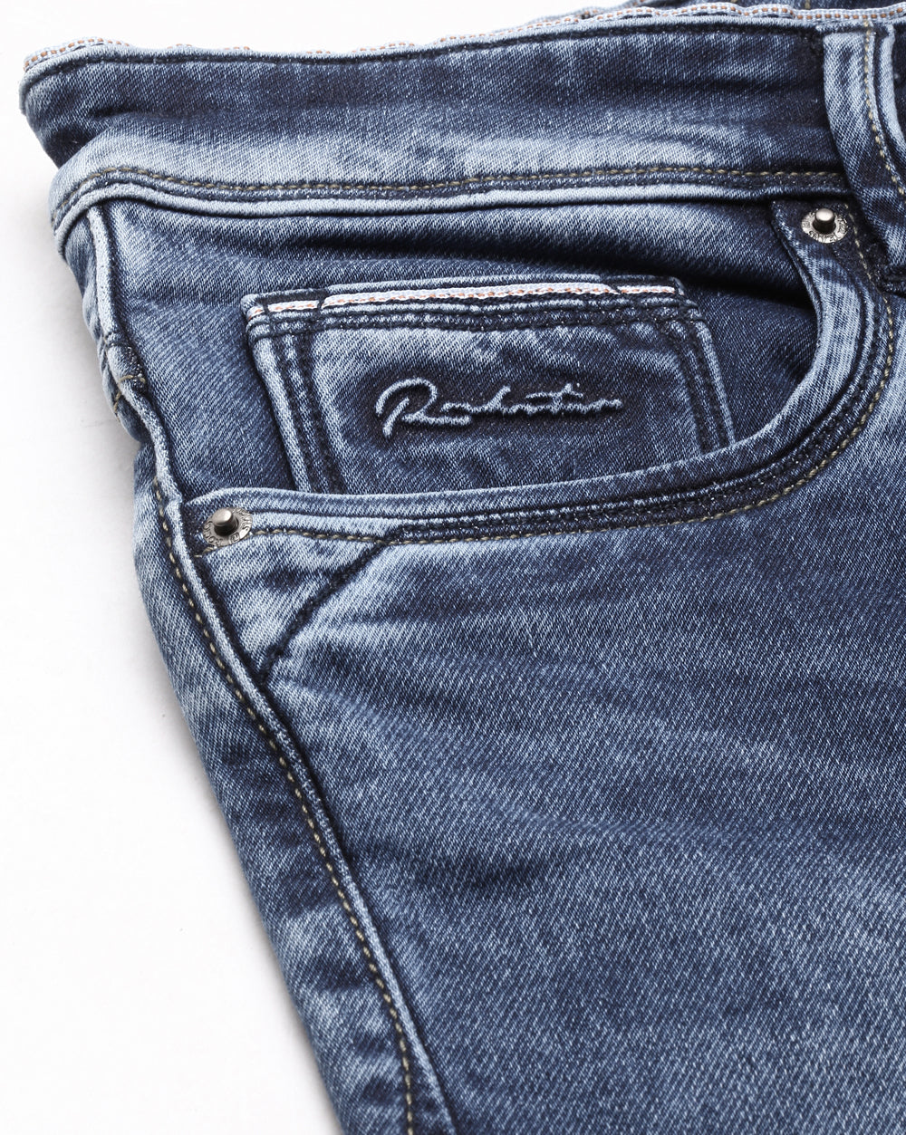 Distressed Blue Denim Ankle Fit Jeans For Men