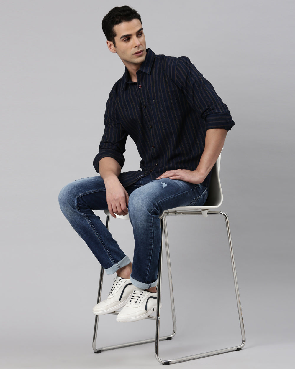 Men's Indigo Beige Striped Shirt for Men 