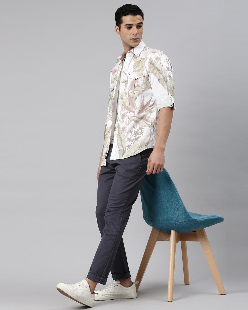 Beige & Green Printed Shirt for Men 