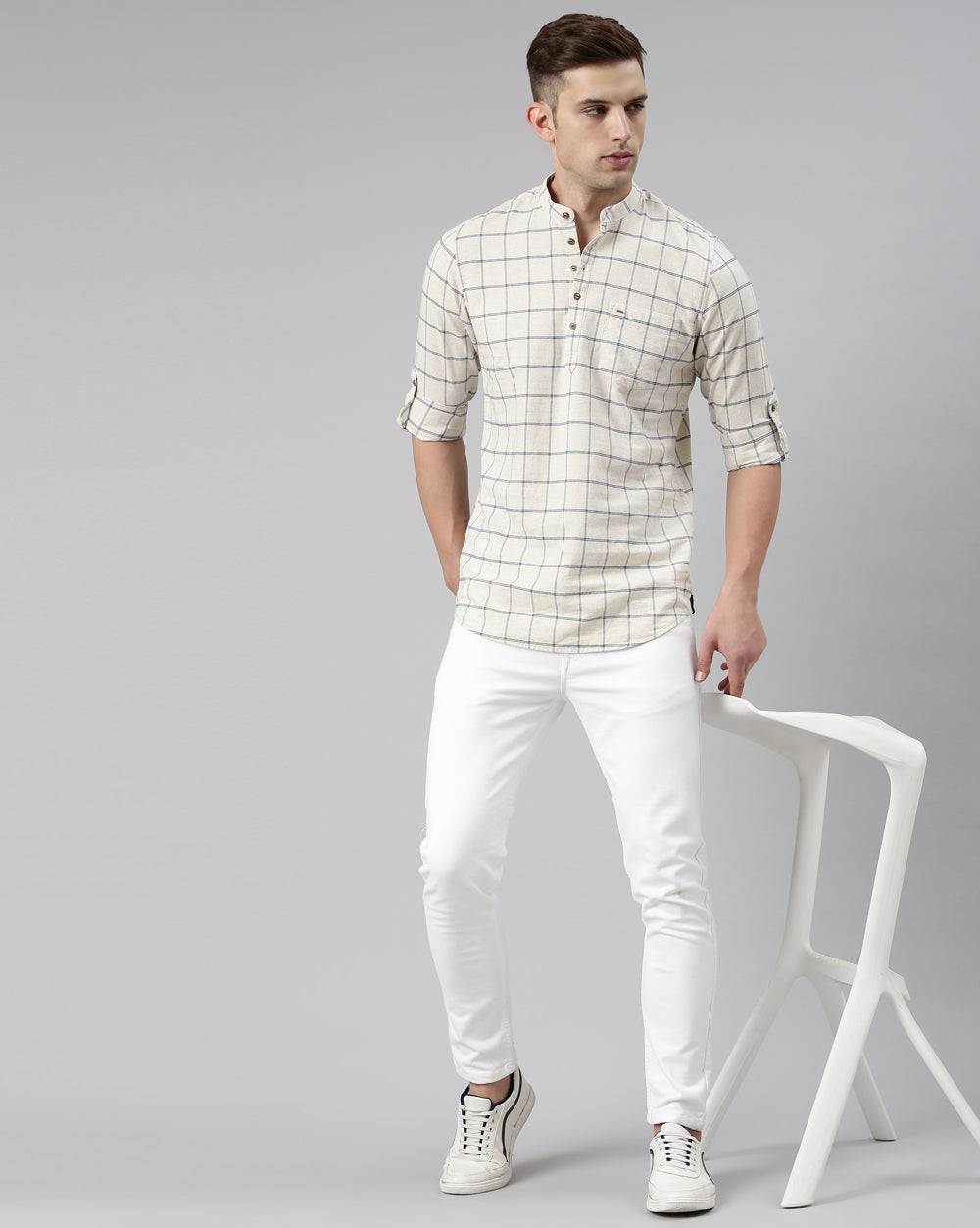 Beige Natural Checkered Short Kurta For Men