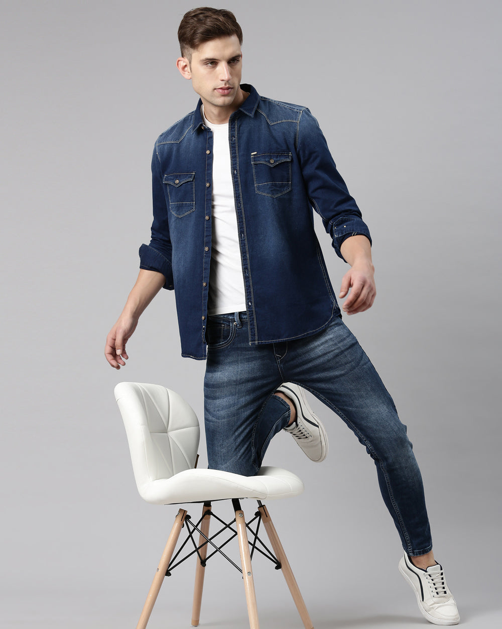 Mid Blue Washed Denim Shirt for Men 