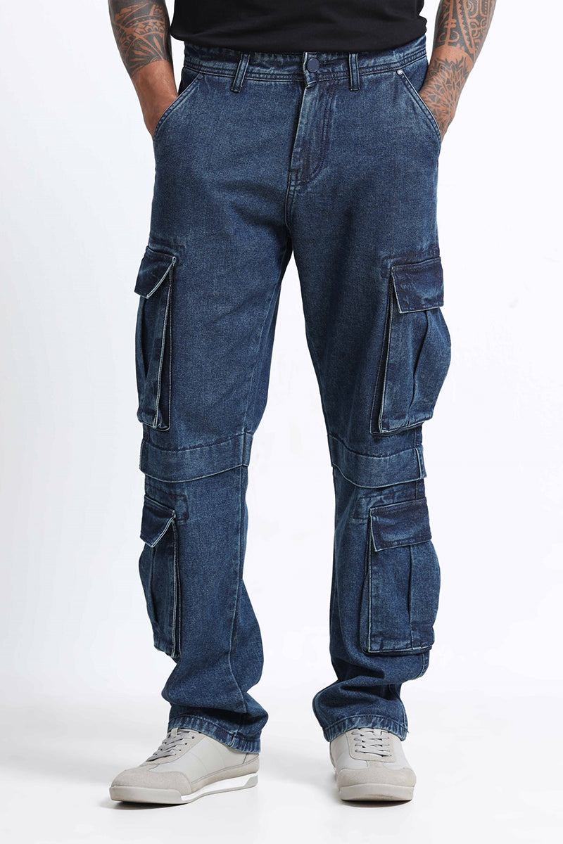DREAM CHASER Relaxed Fit 8 Pockets Denim Cargo Jeans Dark Blue (Copy)