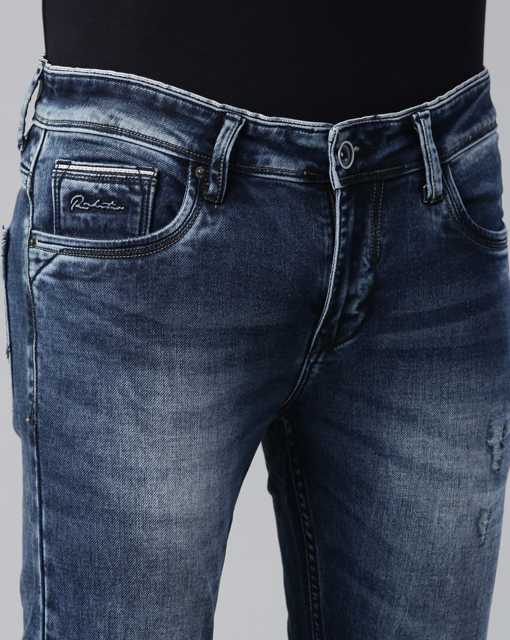 Distressed Blue Denim Ankle Fit Jeans For Men