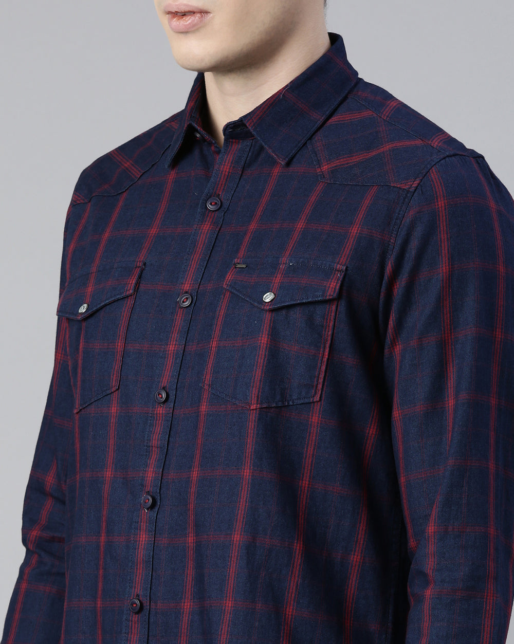 Blue Swing Denim Check Shirt For Men