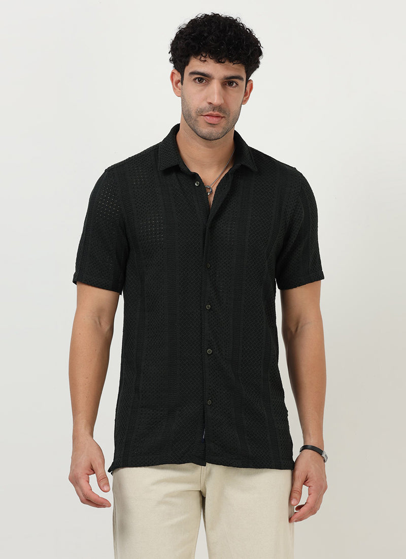 AETHER Textured Mesh Knitted Shirt Black Anthracite_Model  View