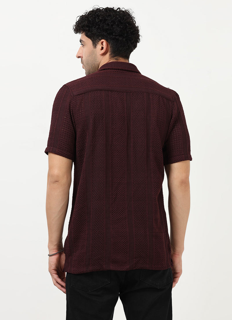AETHER Textured Mesh Knitted Shirt Burgundy-Back View