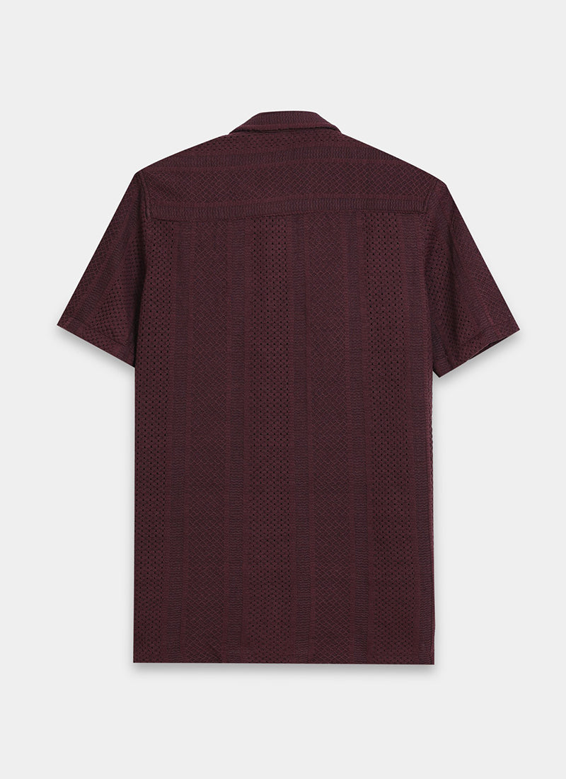 AETHER Textured Mesh Knitted Shirt Burgundy-Flatlay Back View