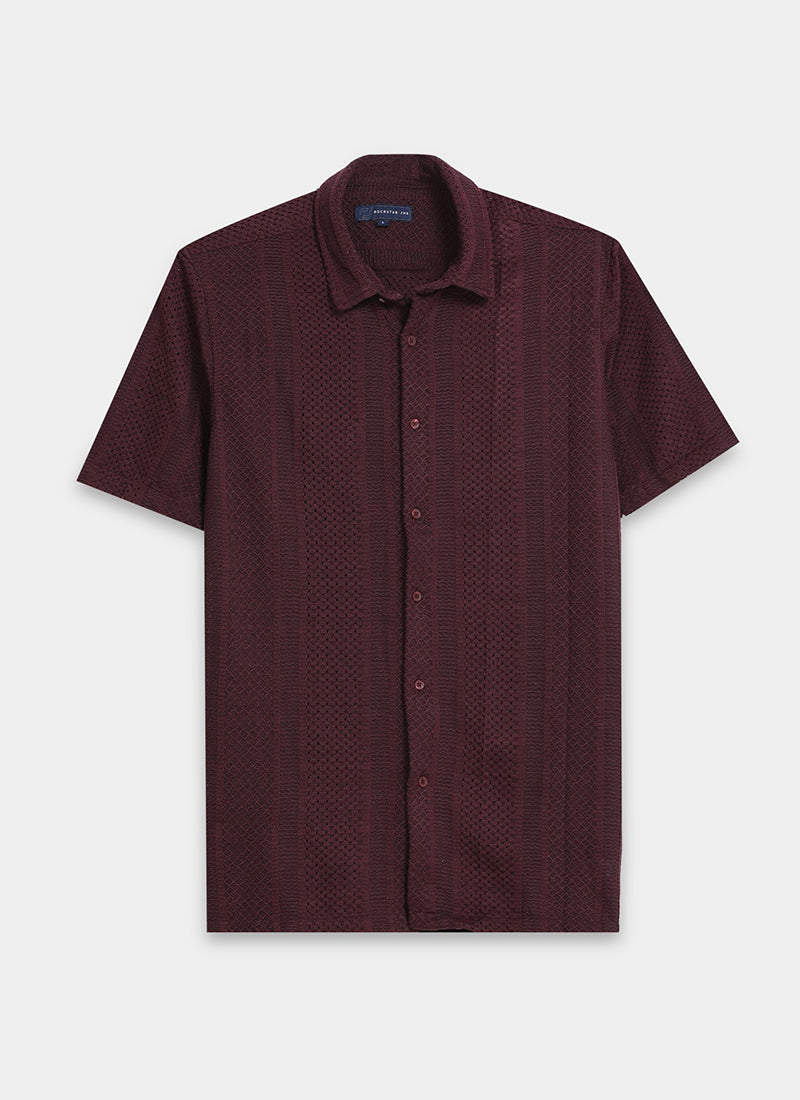 AETHER Textured Mesh Knitted Shirt Burgundy-Flaylay Front View