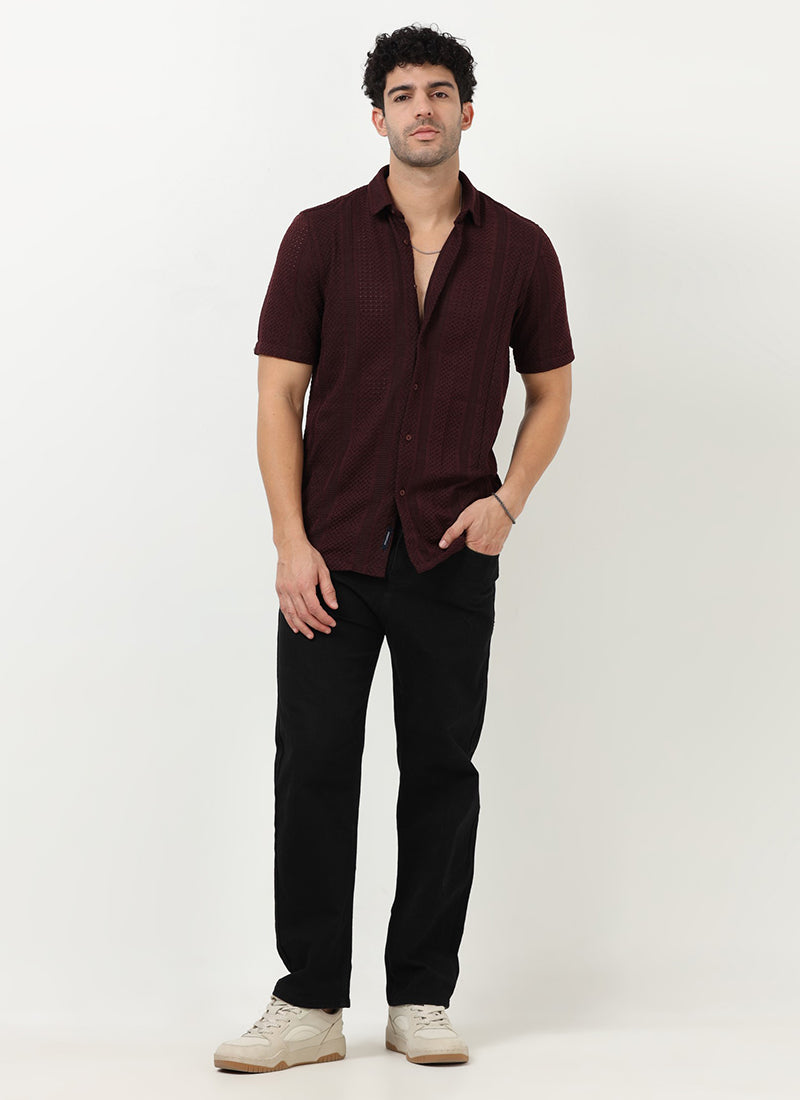 AETHER Textured Mesh Knitted Shirt Burgundy-Model Front View
