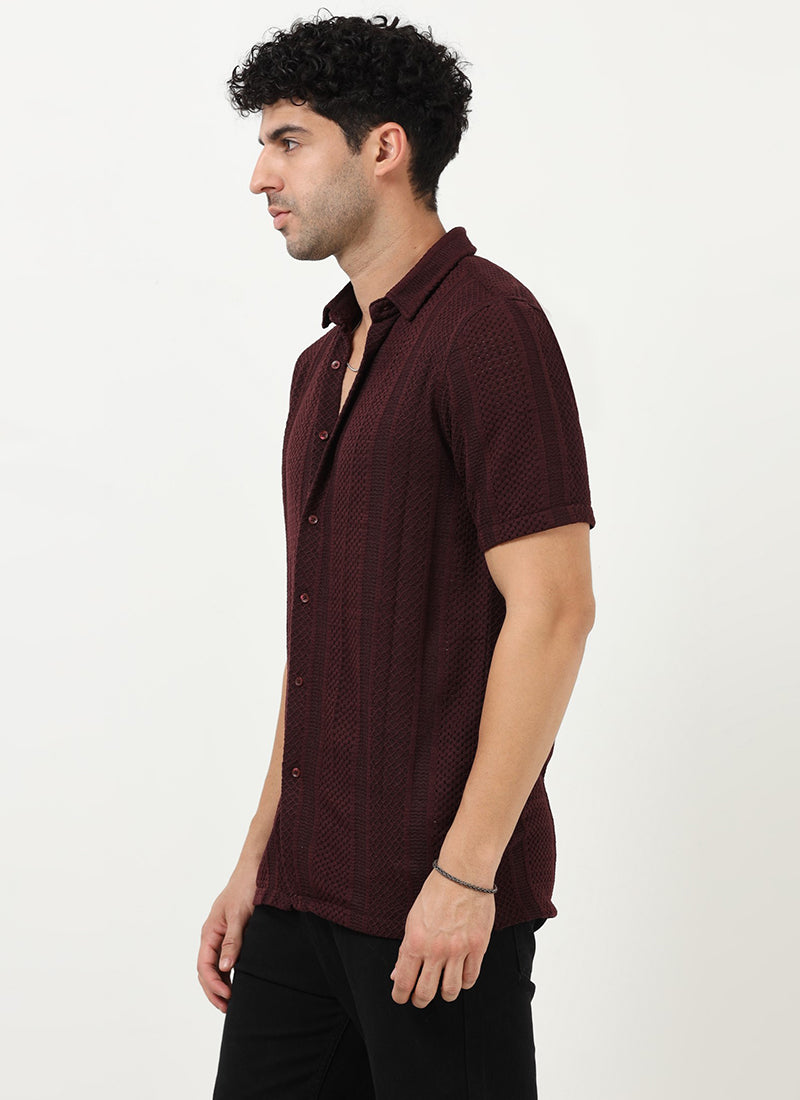 AETHER Textured Mesh Knitted Shirt Burgundy-Model Side View