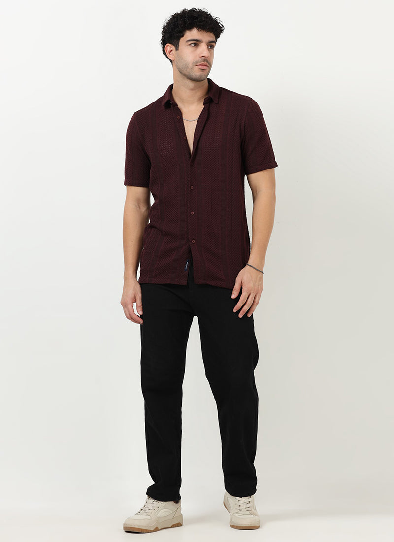AETHER Textured Mesh Knitted Shirt Burgundy-Model  View