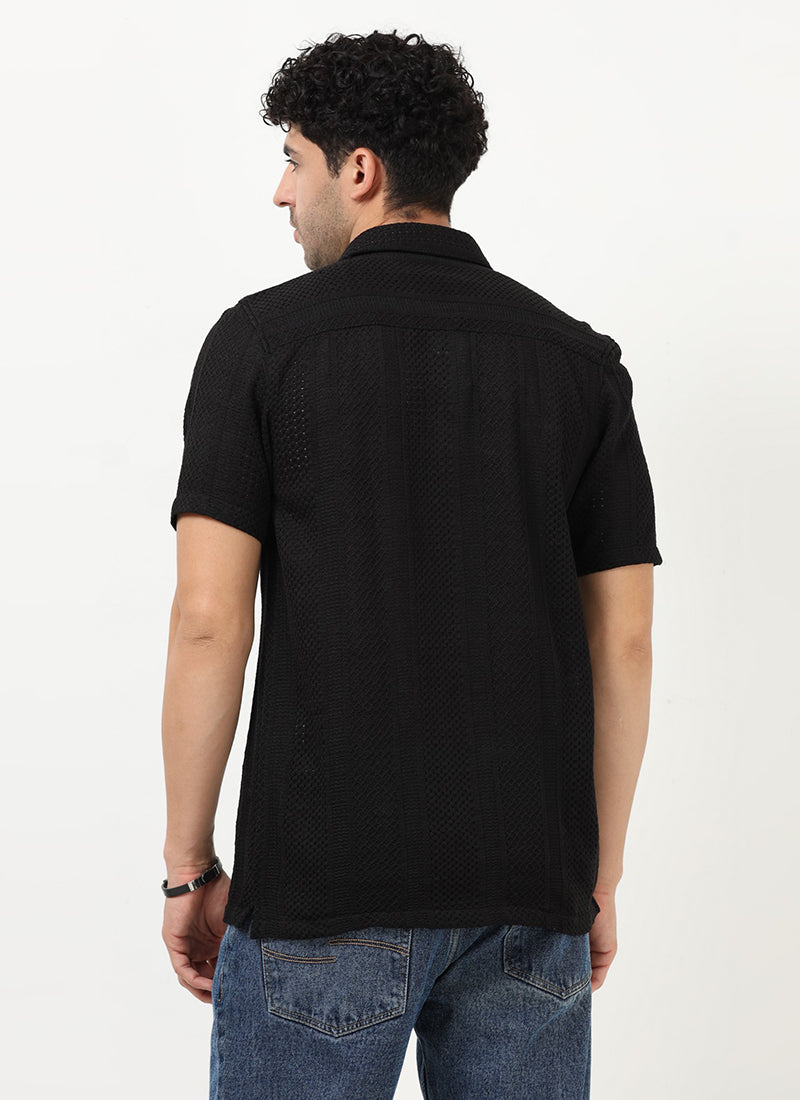 AETHER Textured Mesh Knitted Shirt Jet Black-Back View
