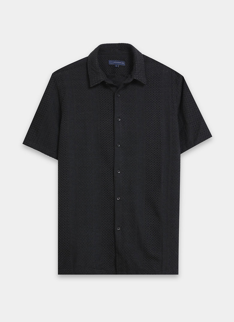AETHER Textured Mesh Knitted Shirt Jet Black-Flatlay Front View