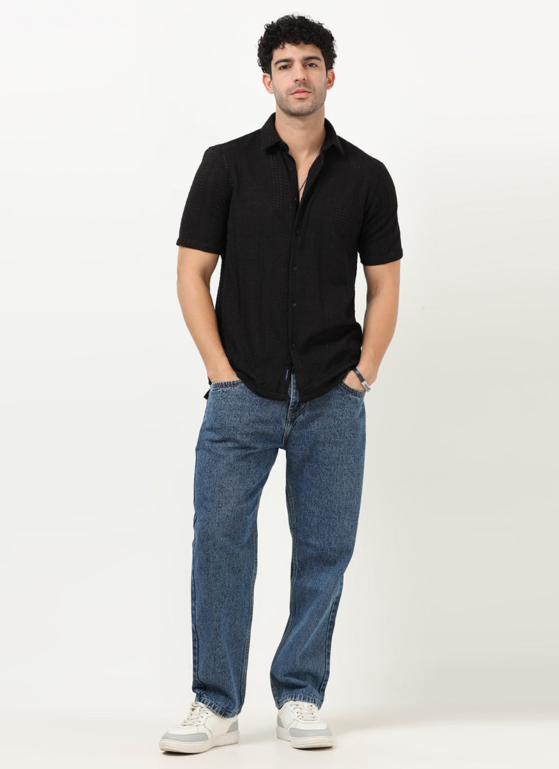 AETHER Textured Mesh Knitted Shirt Jet Black-Model Front View