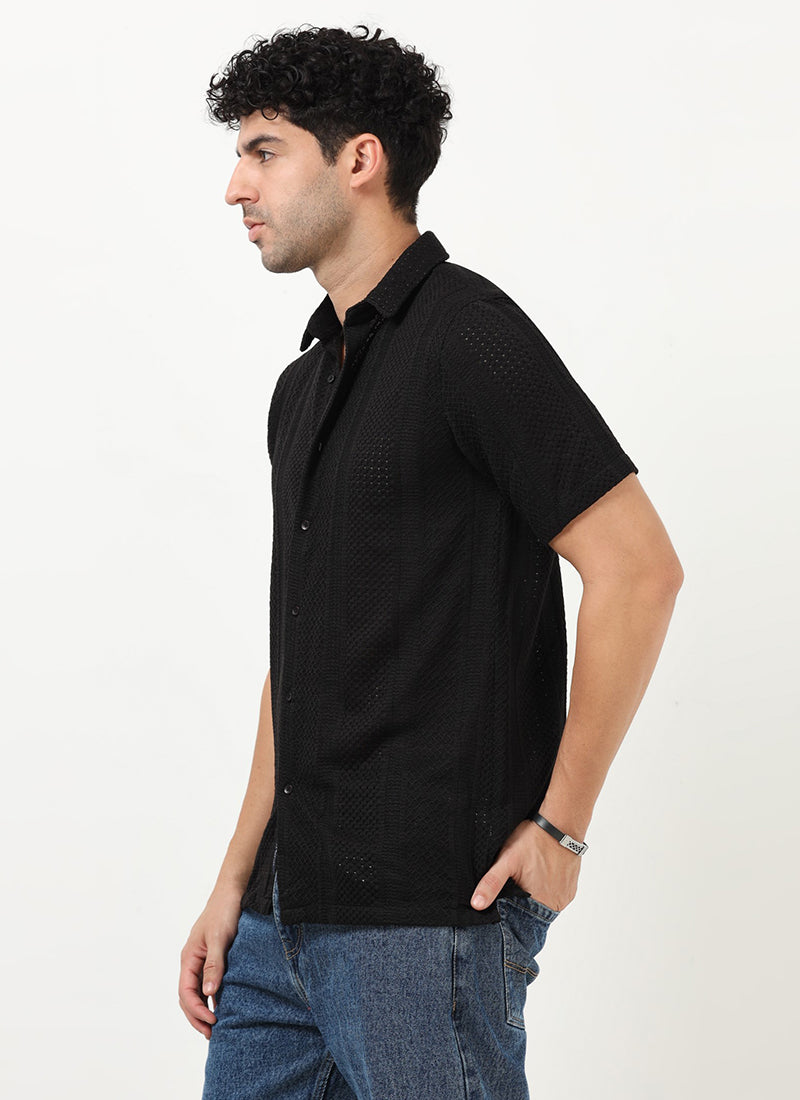 AETHER Textured Mesh Knitted Shirt Jet Black-Model Side View
