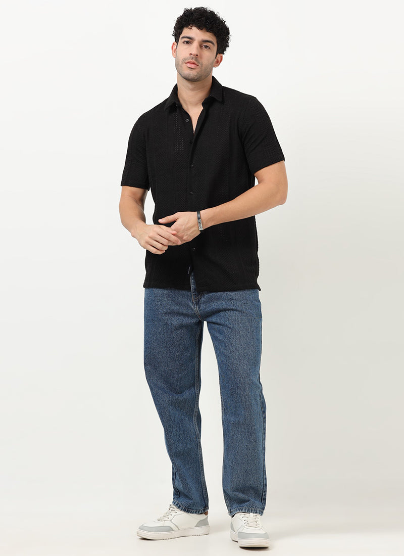 AETHER Textured Mesh Knitted Shirt Jet Black-Model View